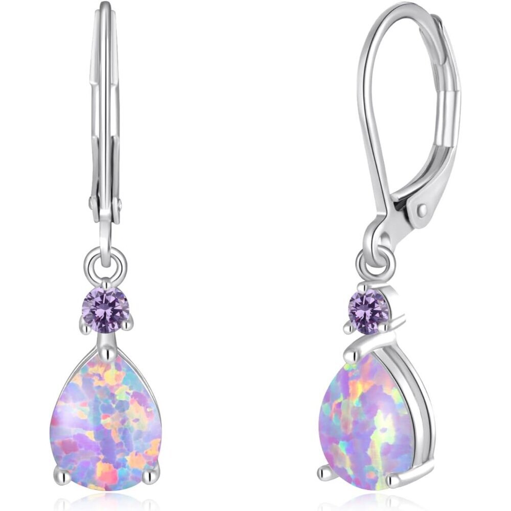 Leverback Opal Dangle Drop Earrings For Women Girls 14K Gold Plated Teardrop Ear - Picture 1 of 7